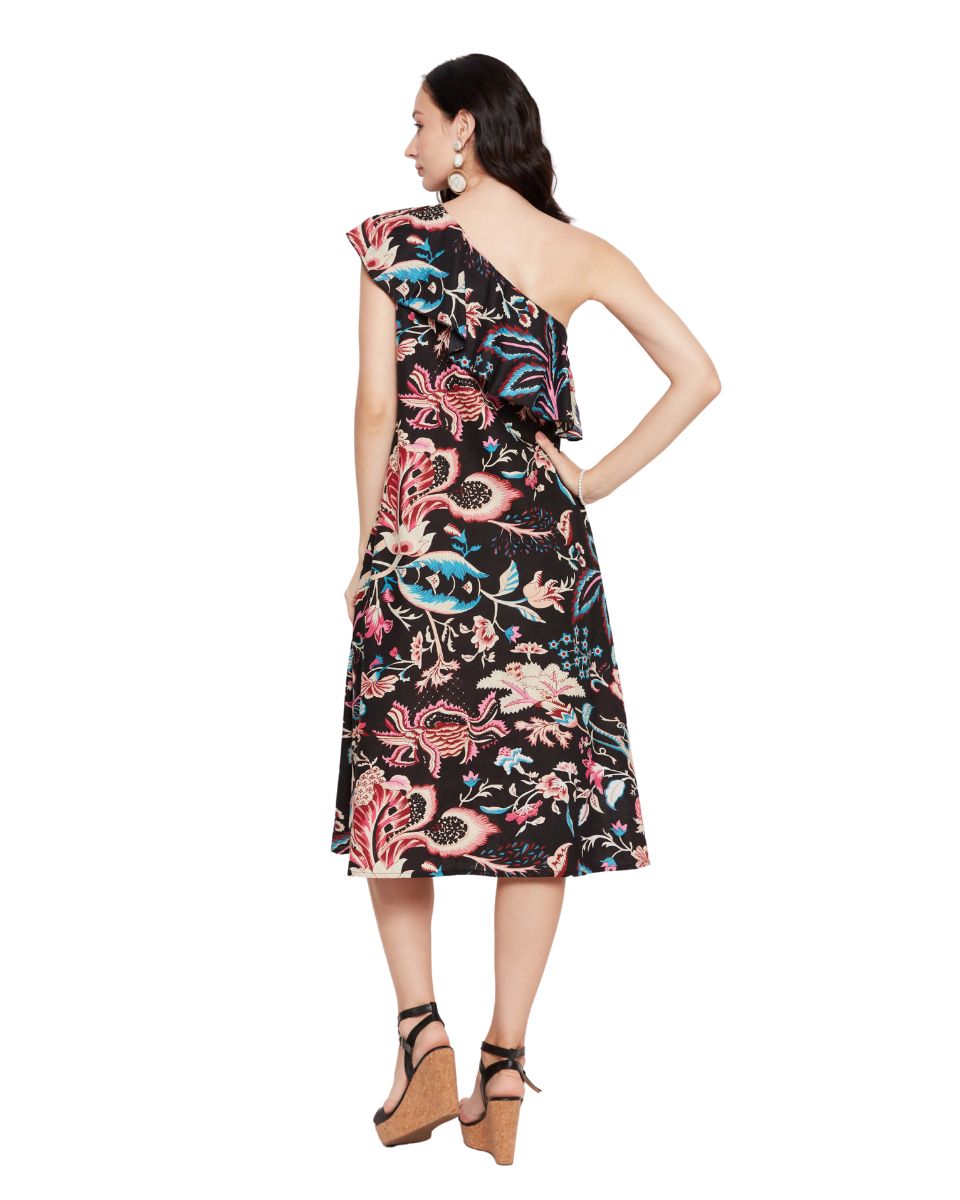 Black Cotton Floral Printed Dress For Women