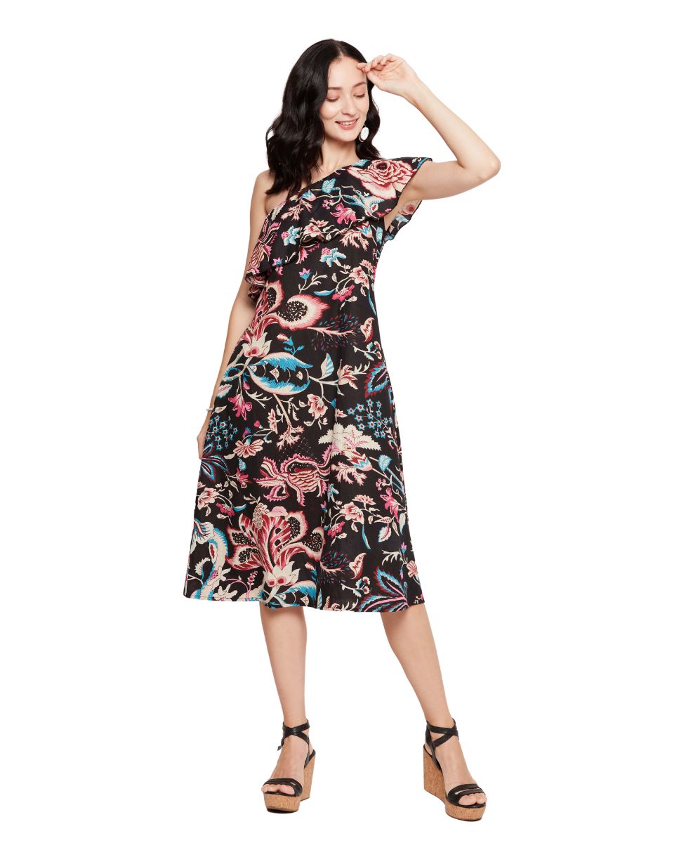Black Cotton Floral Printed Dress For Women