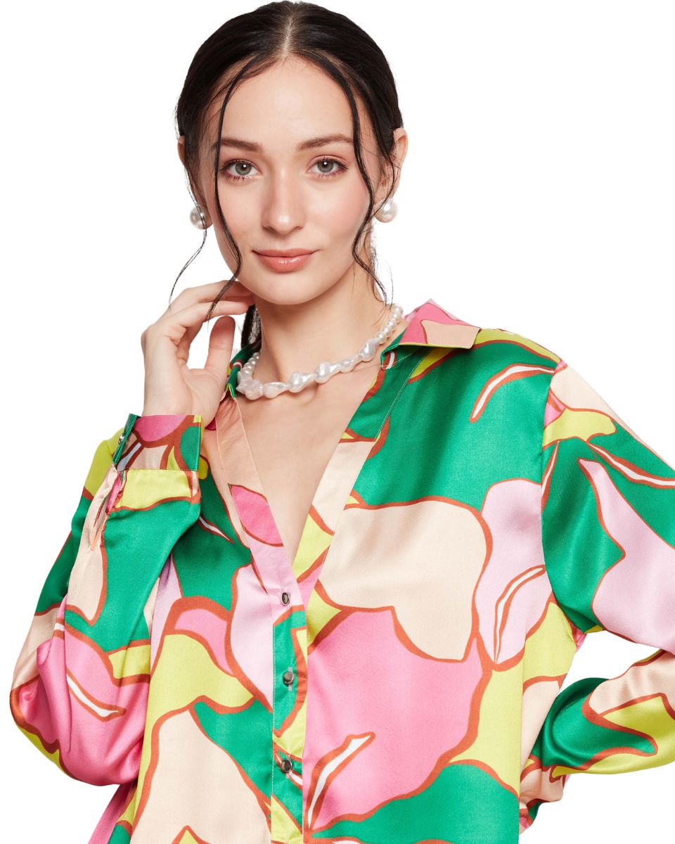 Satin Floral Printed Multicolor Shirt For Women