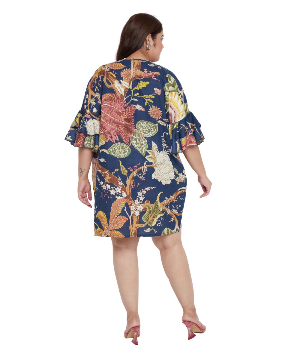 Cotton Floral Printed Navy Blue Tunic For Plus Size Women