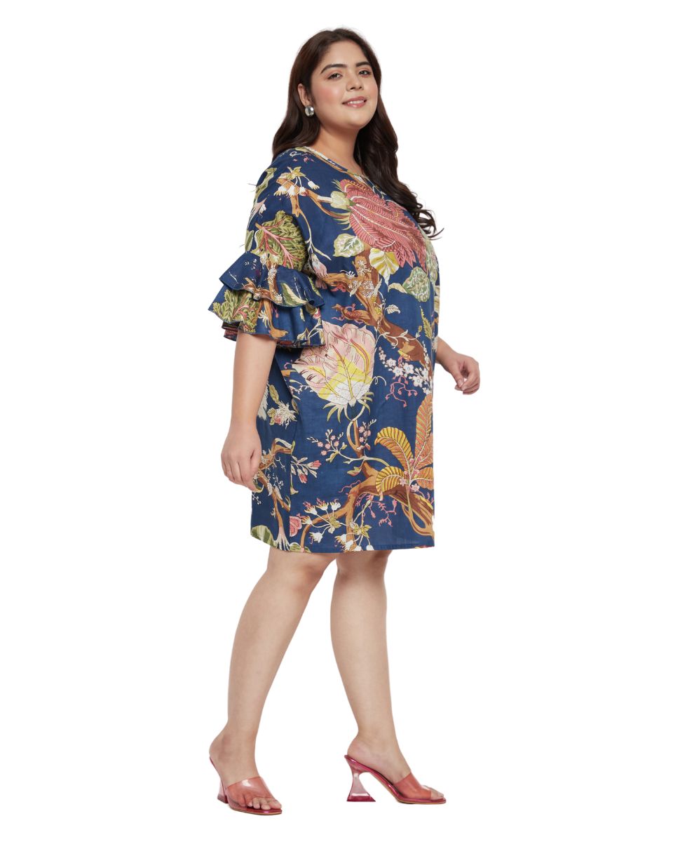 Cotton Floral Printed Navy Blue Tunic For Plus Size Women