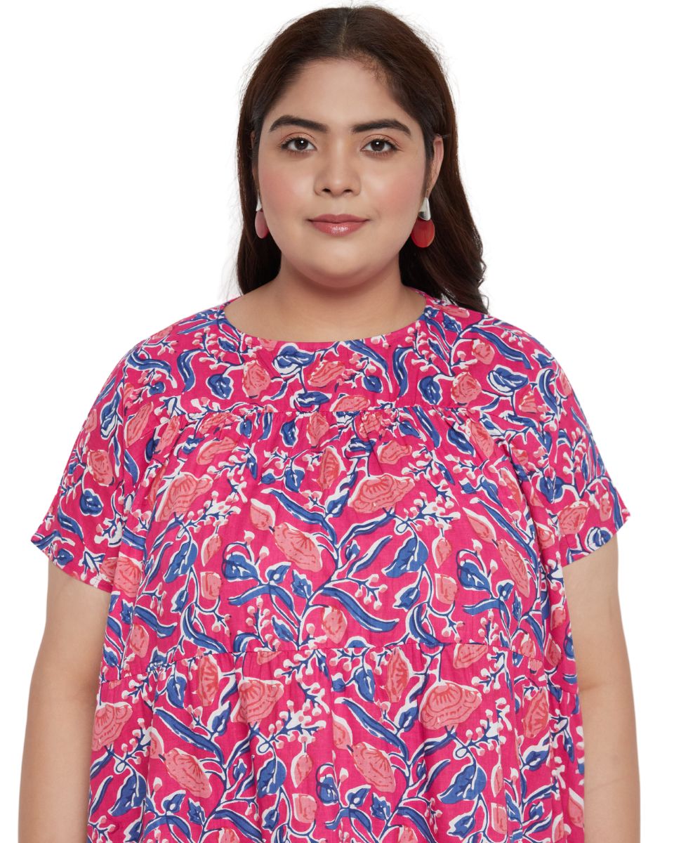 Rani Pink Floral Cotton Knee Length Dress for Women