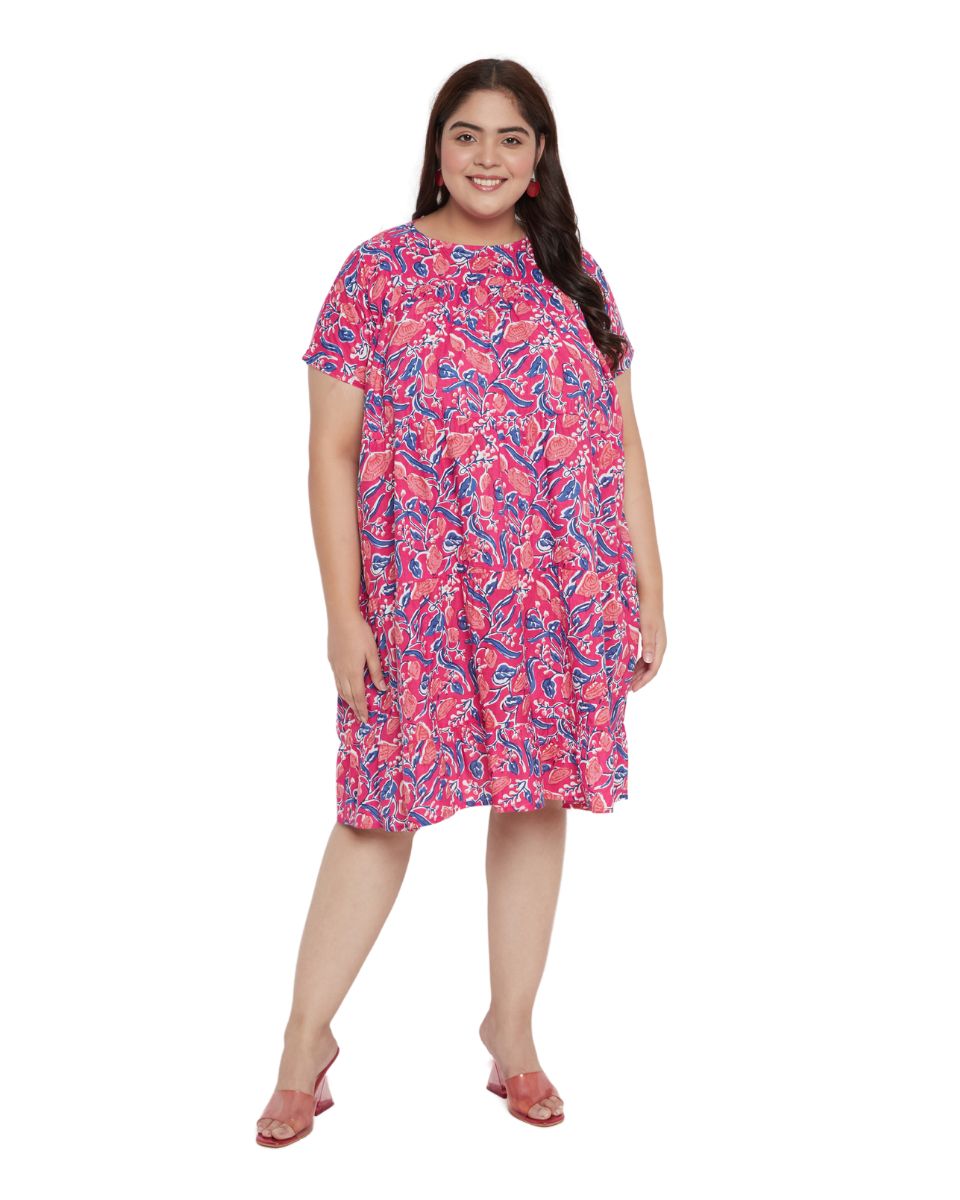 Rani Pink Floral Cotton Knee Length Dress for Women