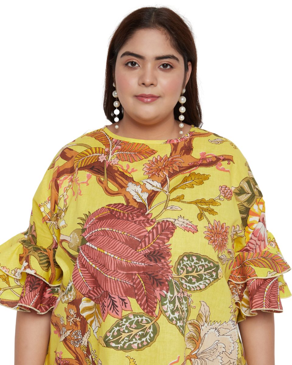 Yellow Floral Printed Cotton Summer Dress for Winter