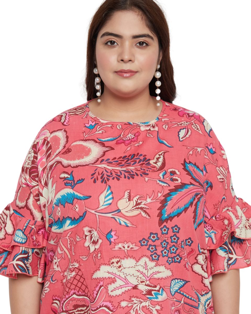 Pink Floral Printed Cotton Midi Dress for Women