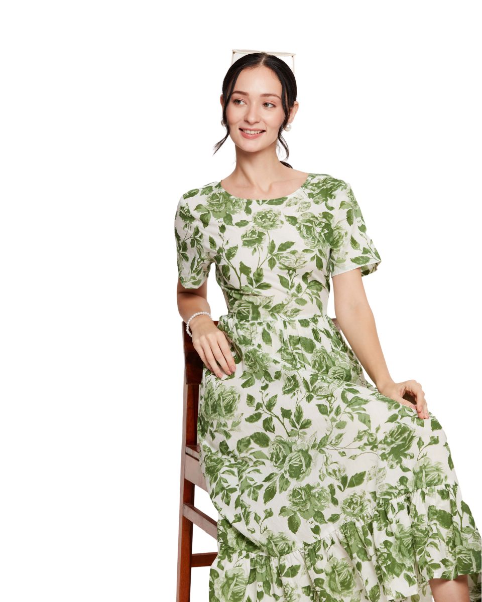 White And Green Floral Printed Cotton Trendy Midi Dress For Women