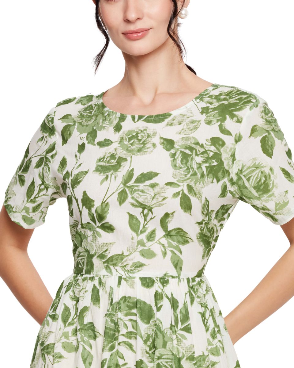 White And Green Floral Printed Cotton Trendy Midi Dress For Women