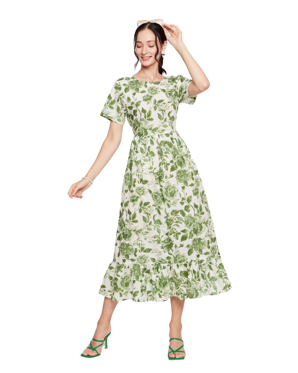 White And Green Floral Printed Cotton Trendy Midi Dress For Women