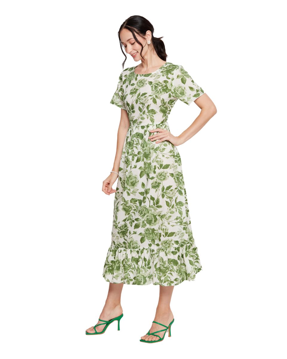 White And Green Floral Printed Cotton Trendy Midi Dress For Women
