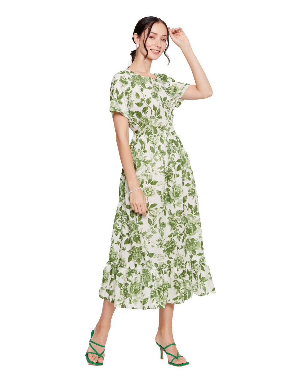 White And Green Floral Printed Cotton Trendy Midi Dress For Women