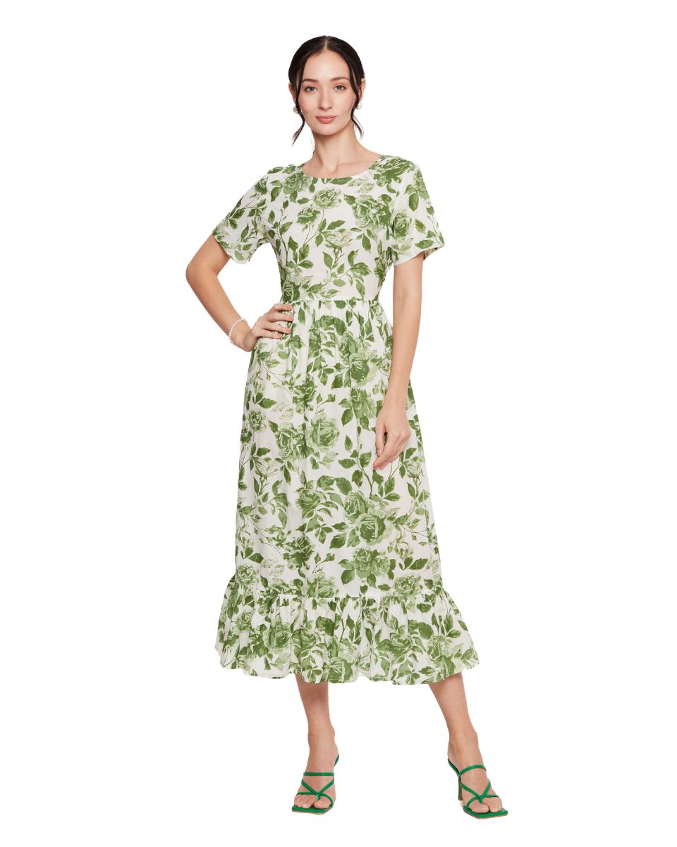 White And Green Floral Printed Cotton Trendy Midi Dress For Women