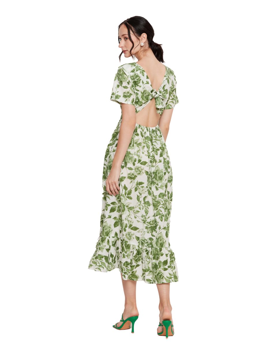 White And Green Floral Printed Cotton Trendy Midi Dress For Women