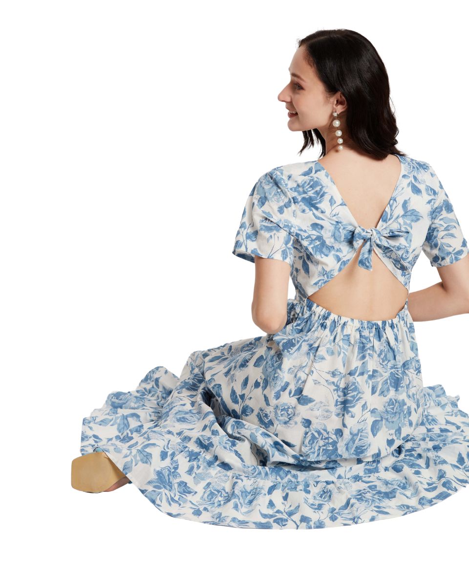 Blue And White Floral Cotton Midi Dress For Women