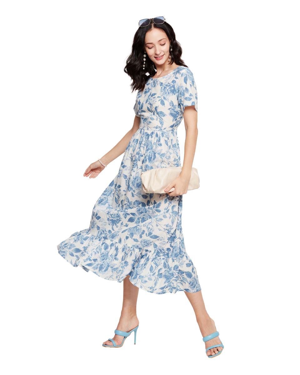 Blue And White Floral Cotton Midi Dress For Women