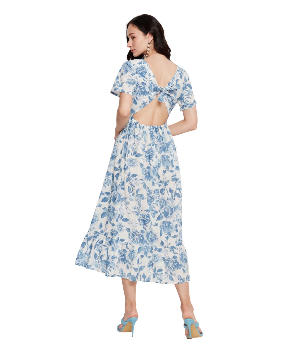 Blue And White Floral Cotton Midi Dress For Women
