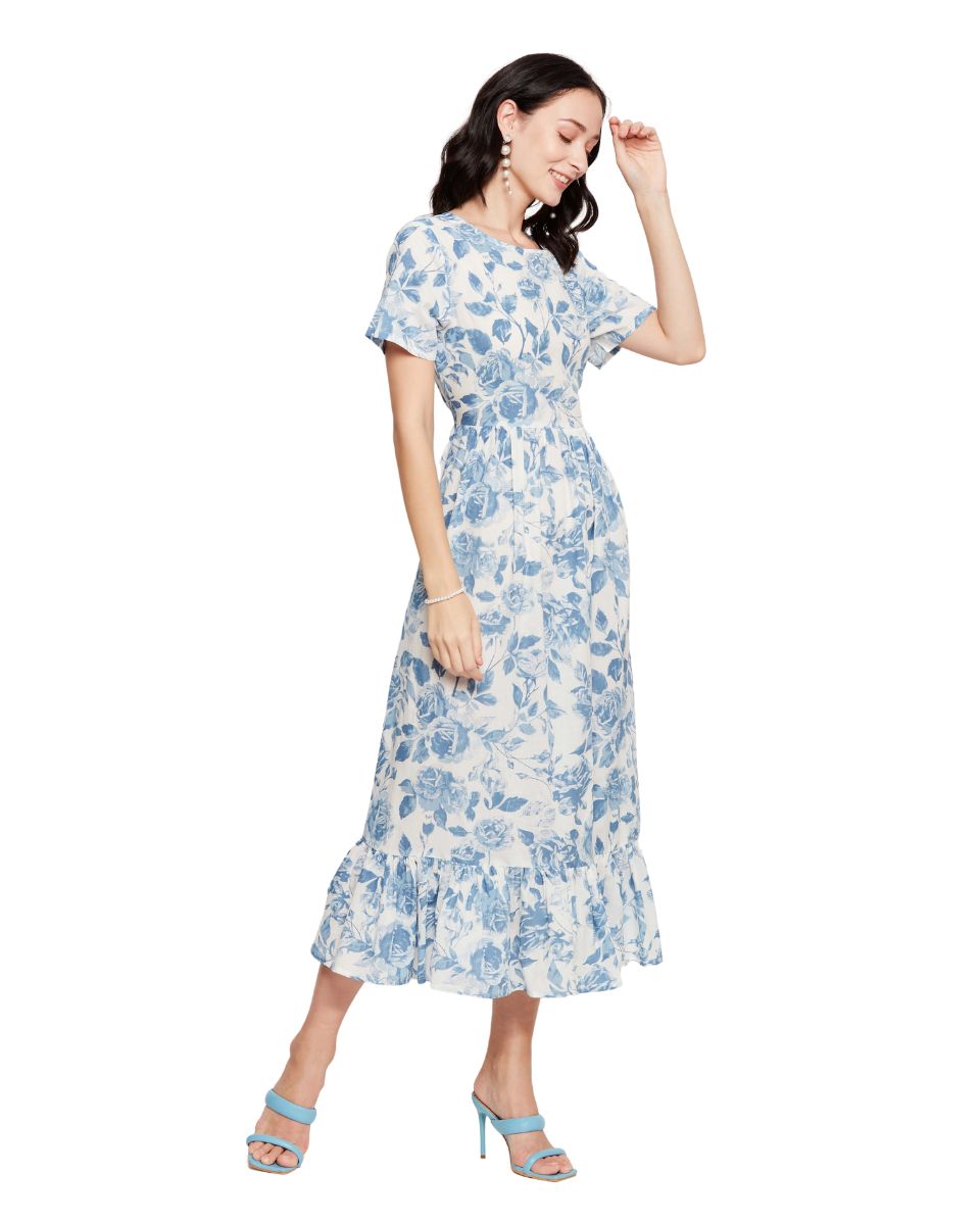 Blue And White Floral Cotton Midi Dress For Women
