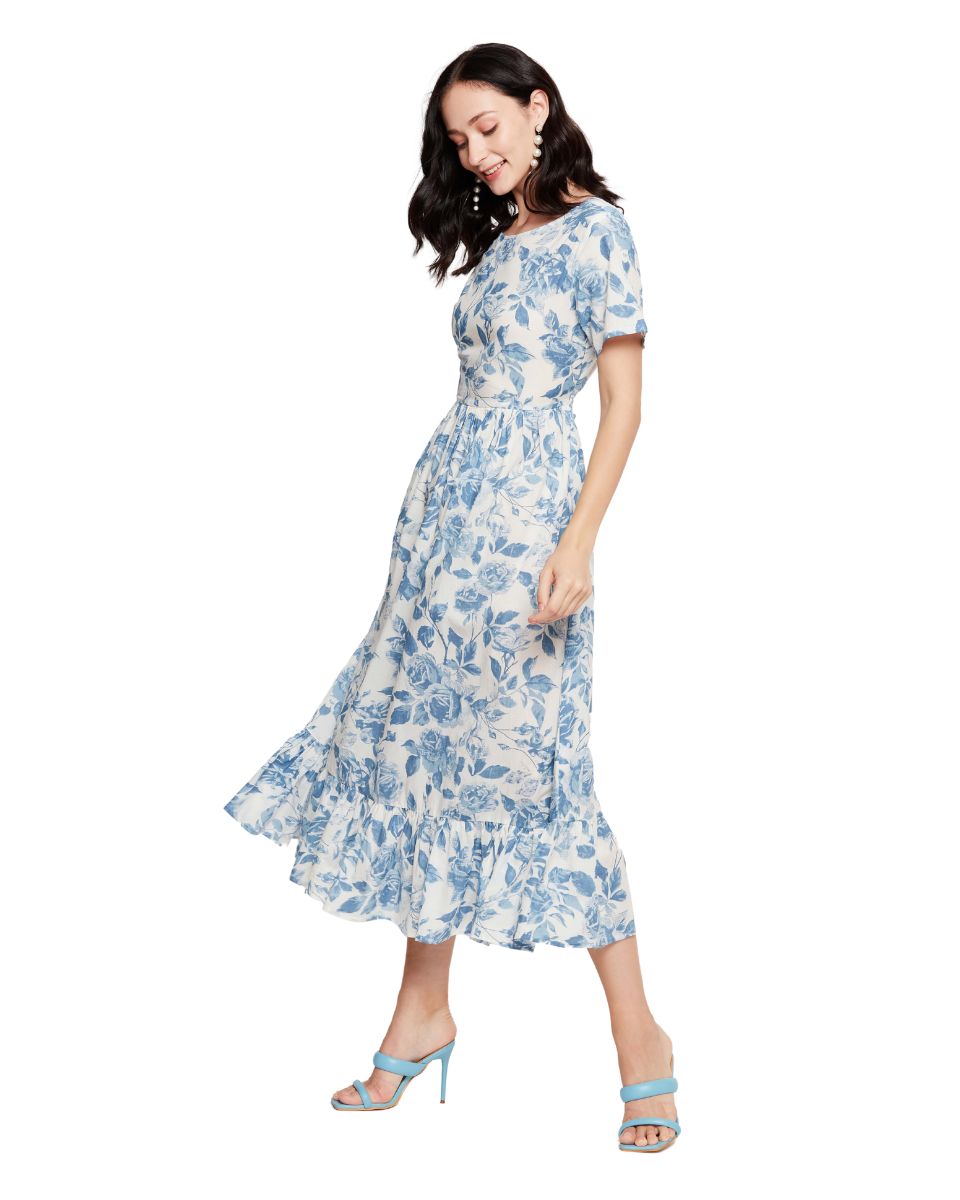 Blue And White Floral Cotton Midi Dress For Women