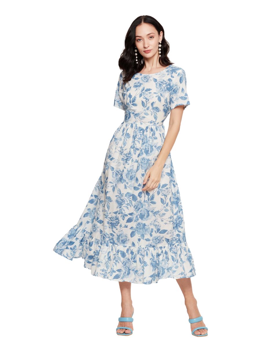 Blue And White Floral Cotton Midi Dress For Women