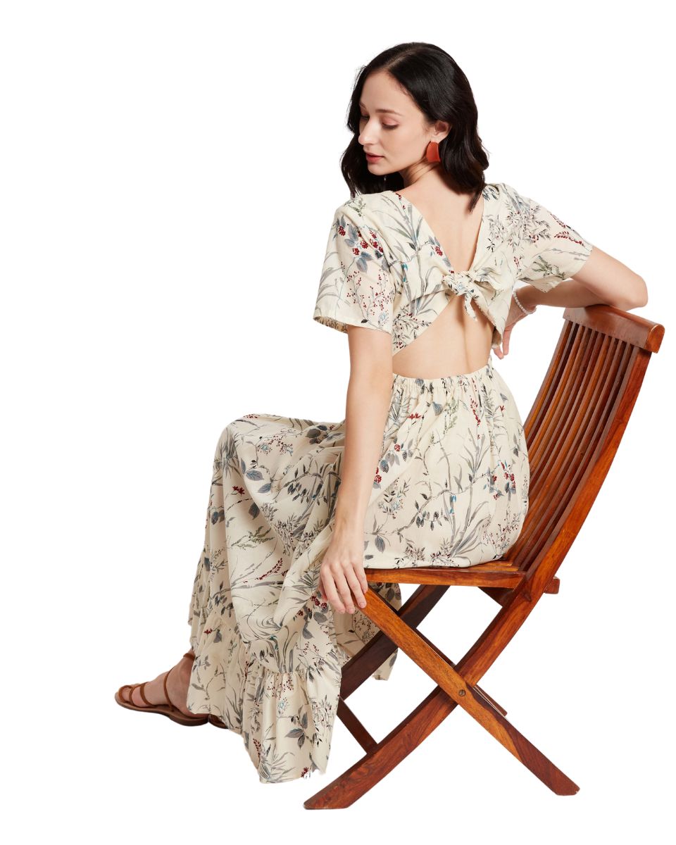 Cream Color Cotton Floral Midi Dress For Women