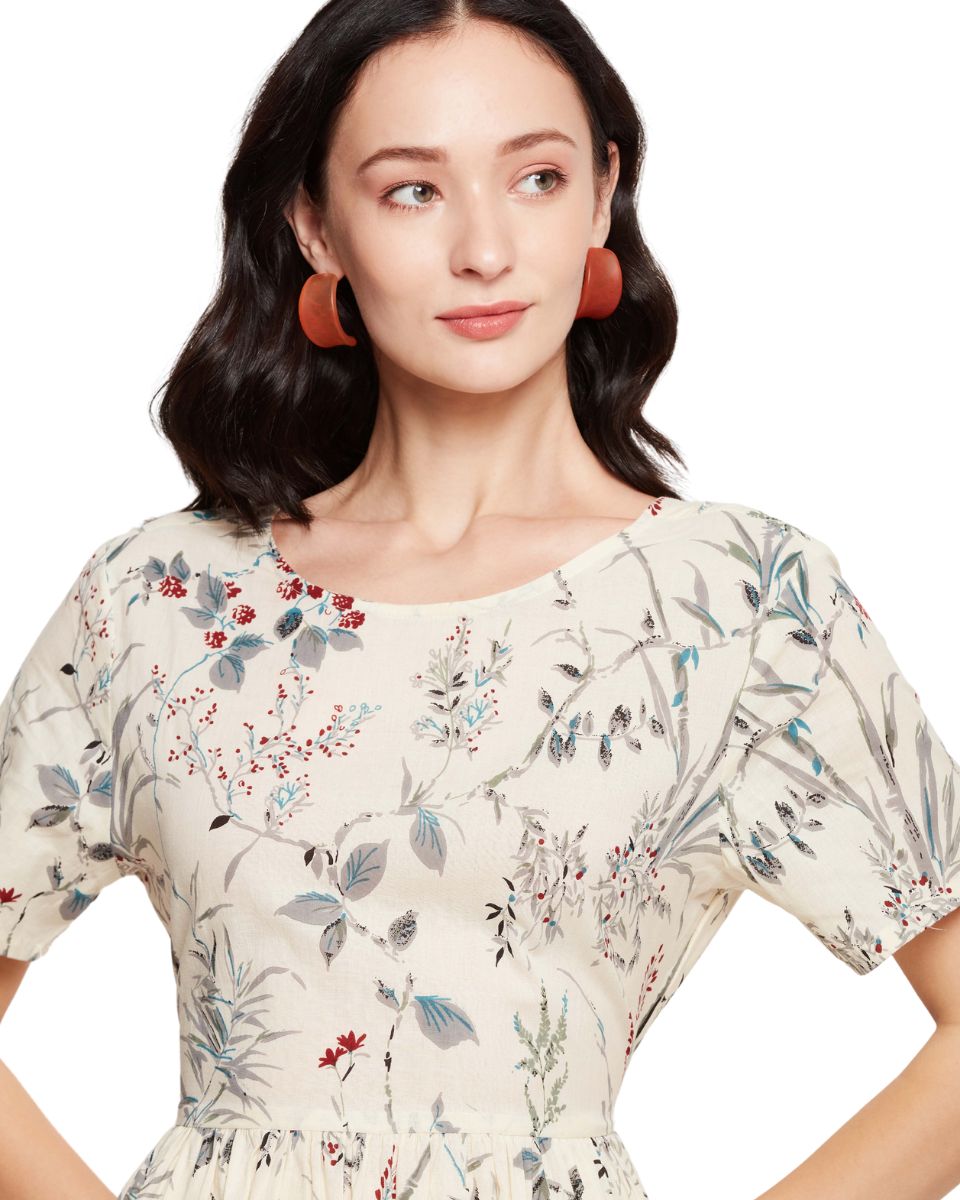 Cream Color Cotton Floral Midi Dress For Women