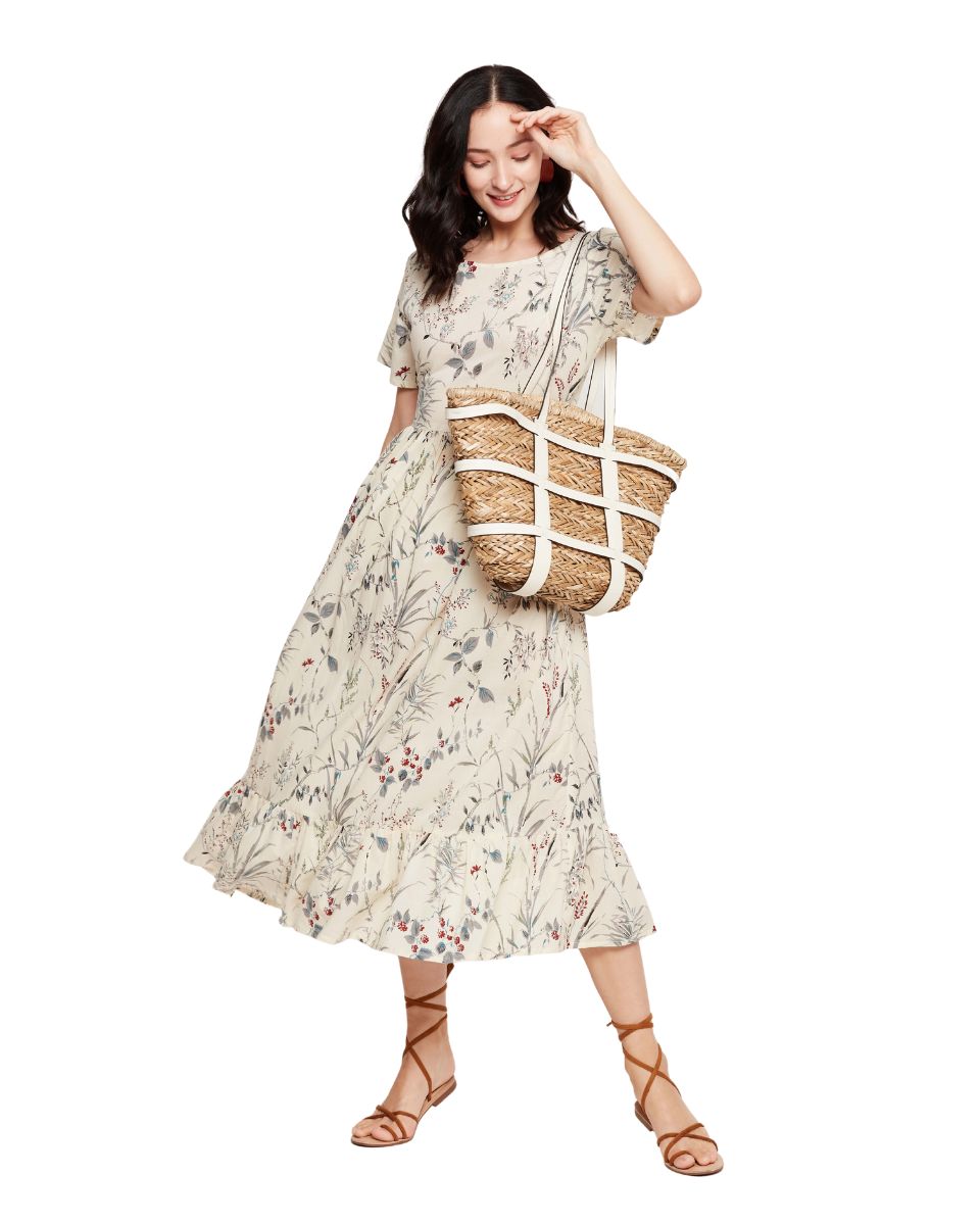 Cream Color Cotton Floral Midi Dress For Women