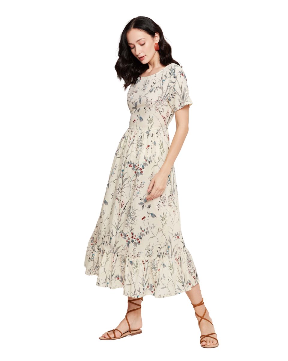 Cream Color Cotton Floral Midi Dress For Women