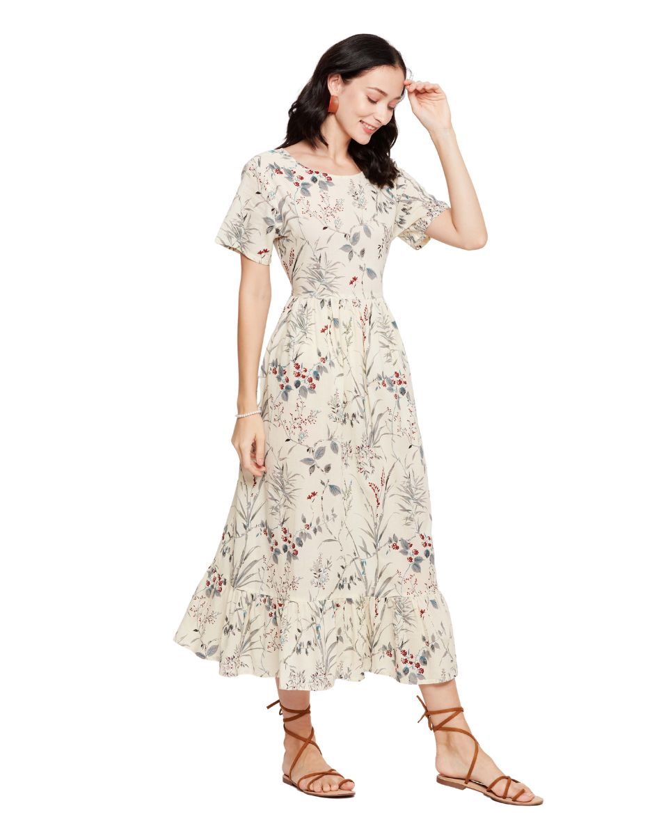 Cream Color Cotton Floral Midi Dress For Women