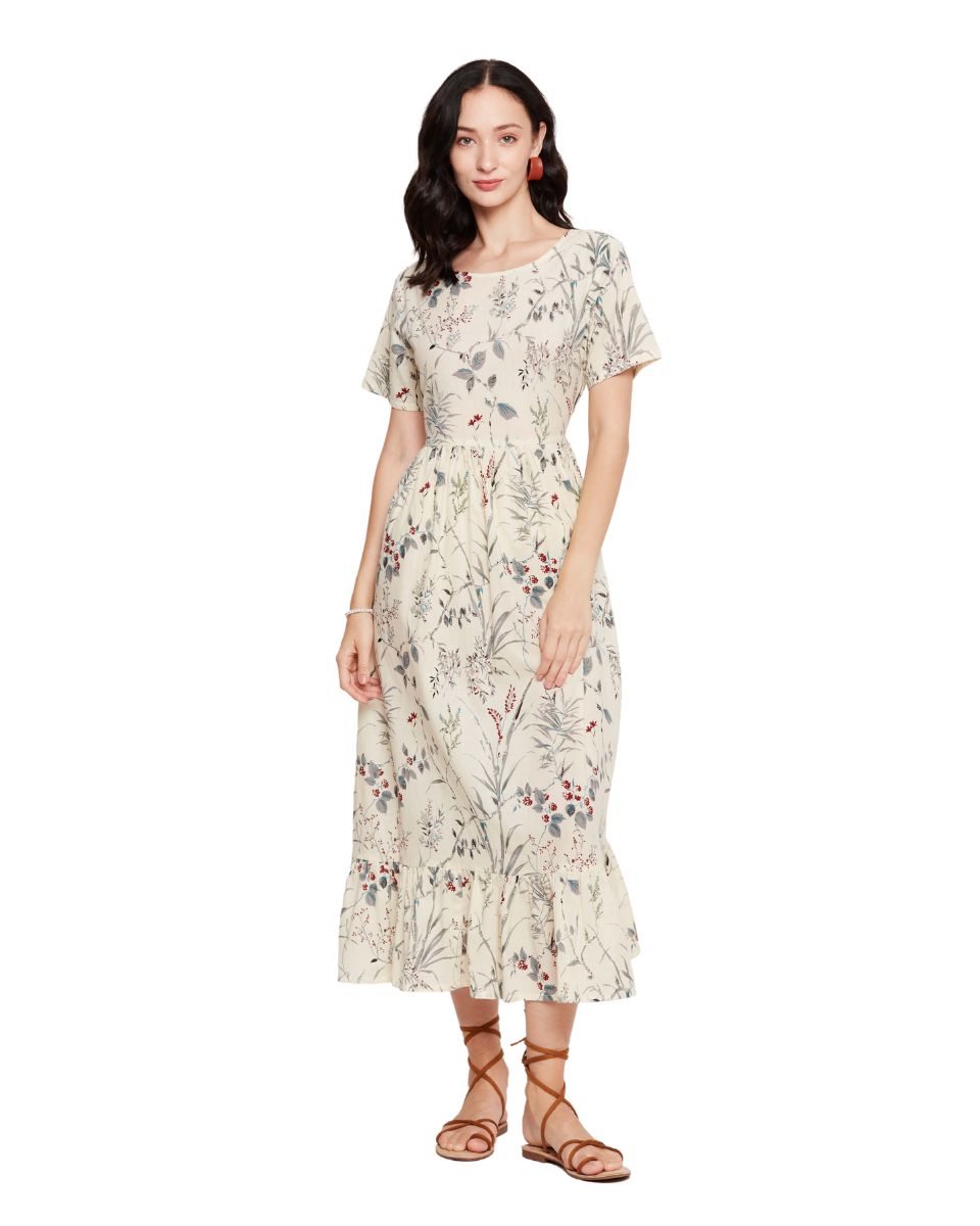Cream Color Cotton Floral Midi Dress For Women