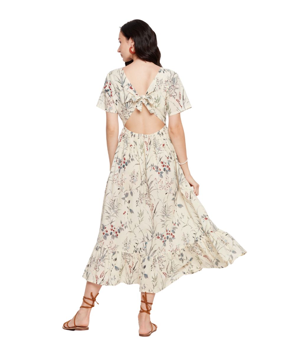 Cream Color Cotton Floral Midi Dress For Women