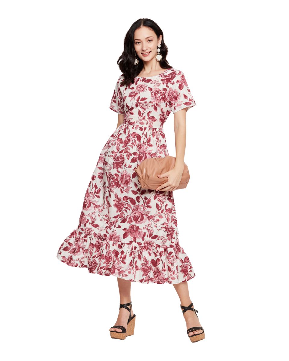 White And Rust Floral Printed Cotton Elegant Midi Dress For Women