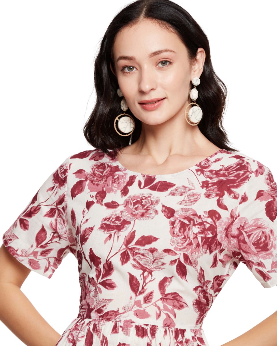 White And Rust Floral Printed Cotton Elegant Midi Dress For Women