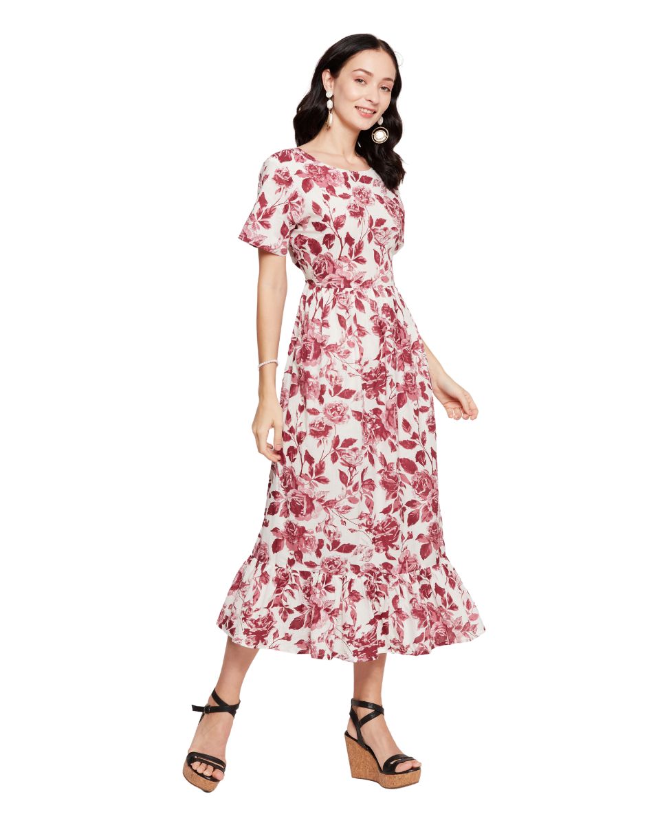 White And Rust Floral Printed Cotton Elegant Midi Dress For Women