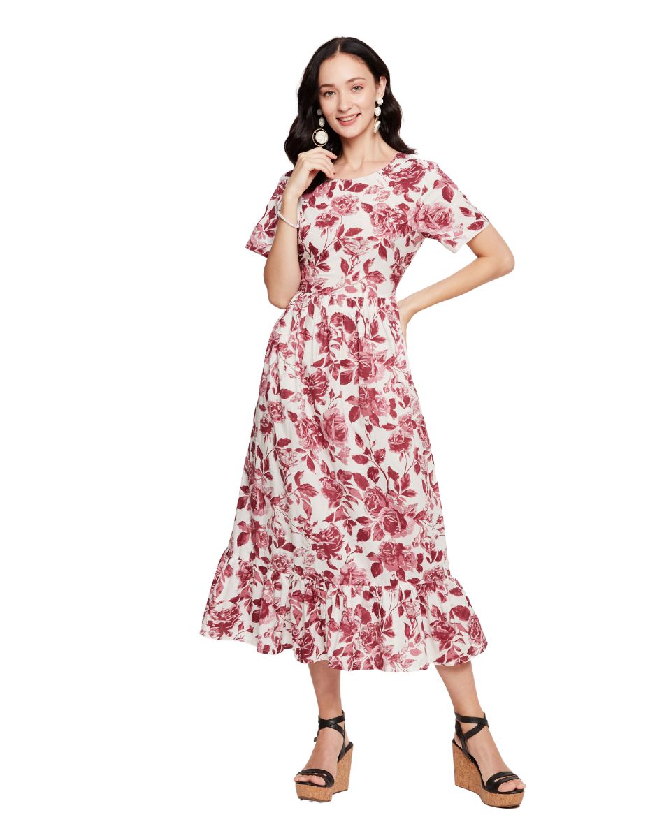 White And Rust Floral Printed Cotton Elegant Midi Dress For Women