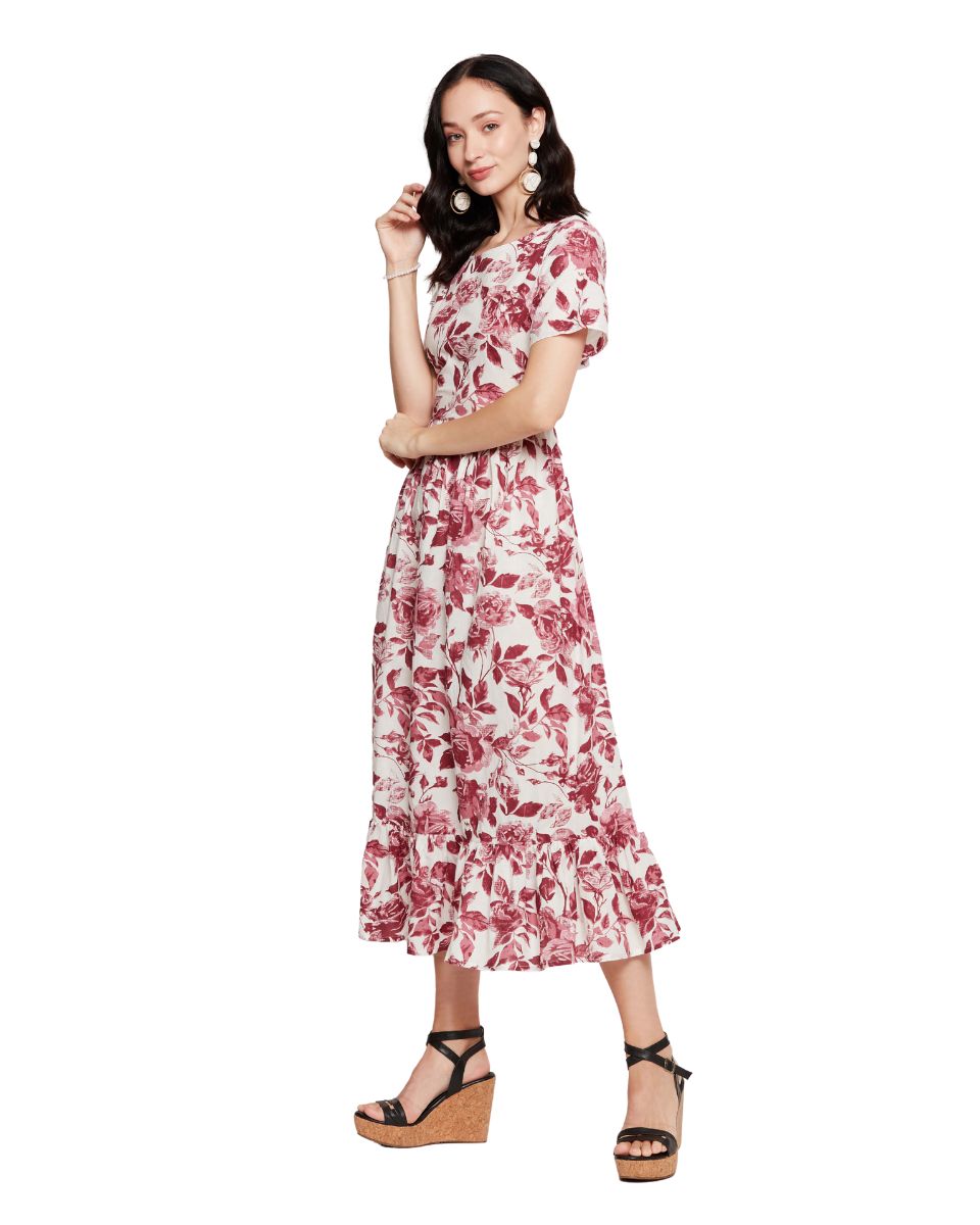 White And Rust Floral Printed Cotton Elegant Midi Dress For Women