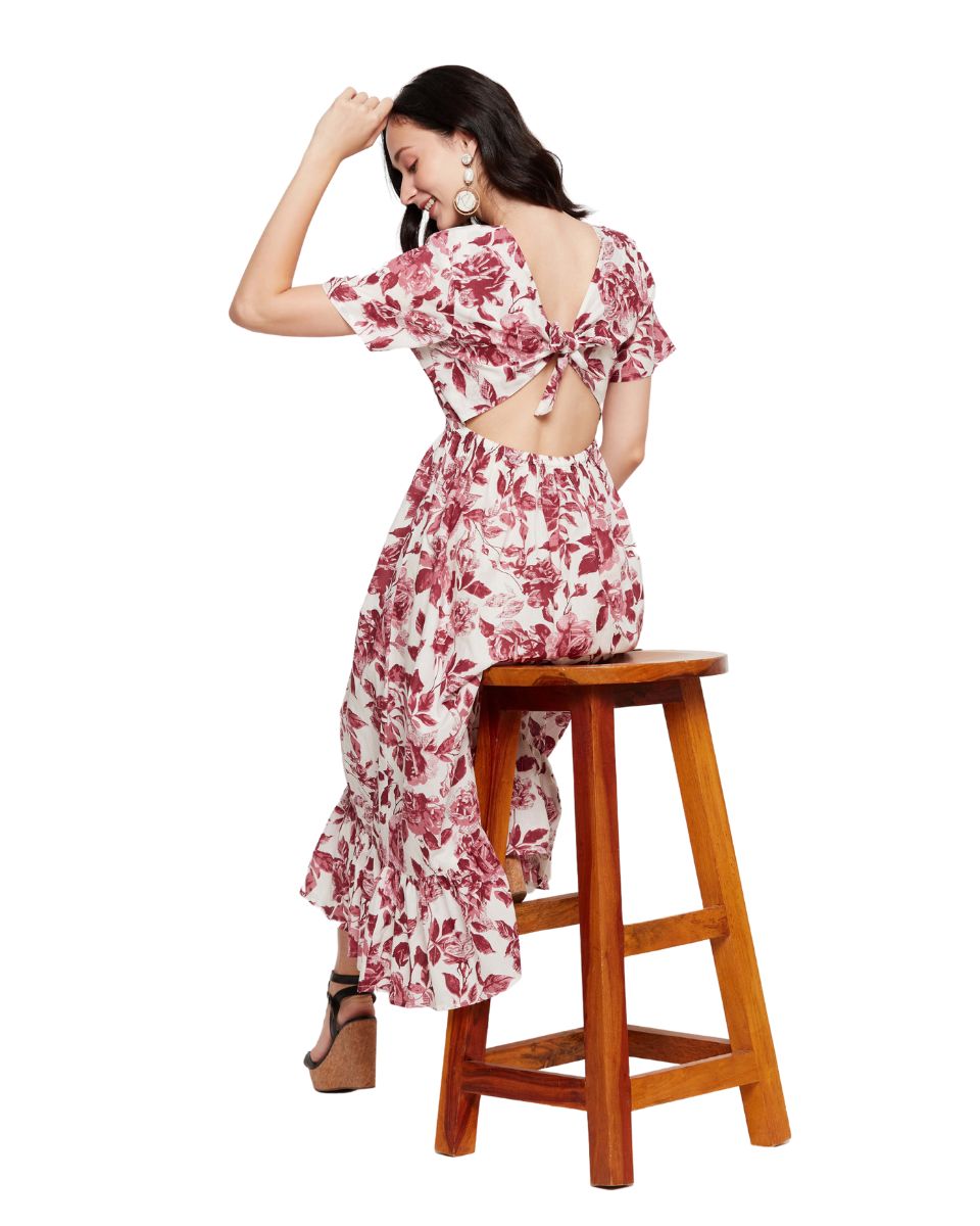 White And Rust Floral Printed Cotton Elegant Midi Dress For Women