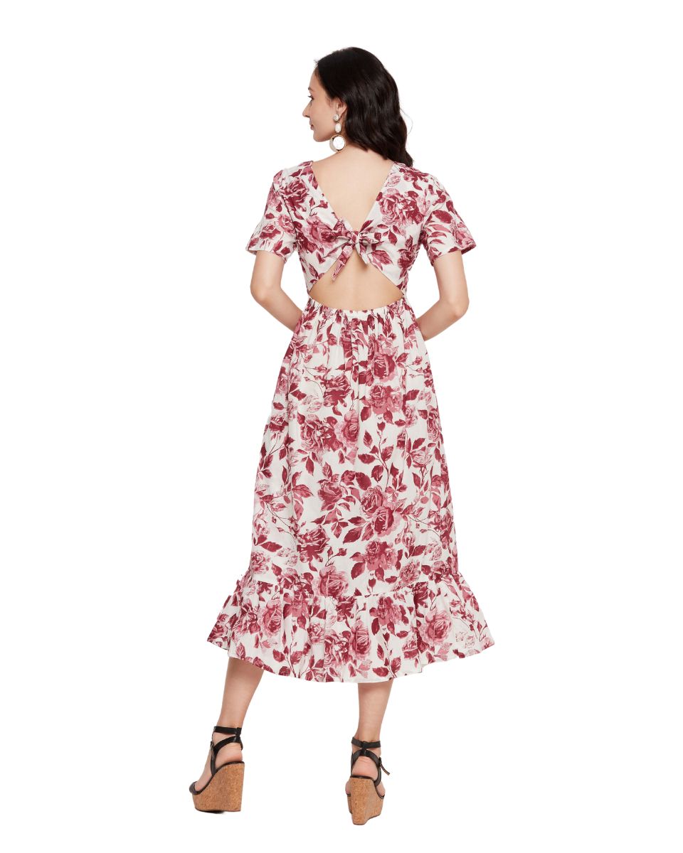 White And Rust Floral Printed Cotton Elegant Midi Dress For Women