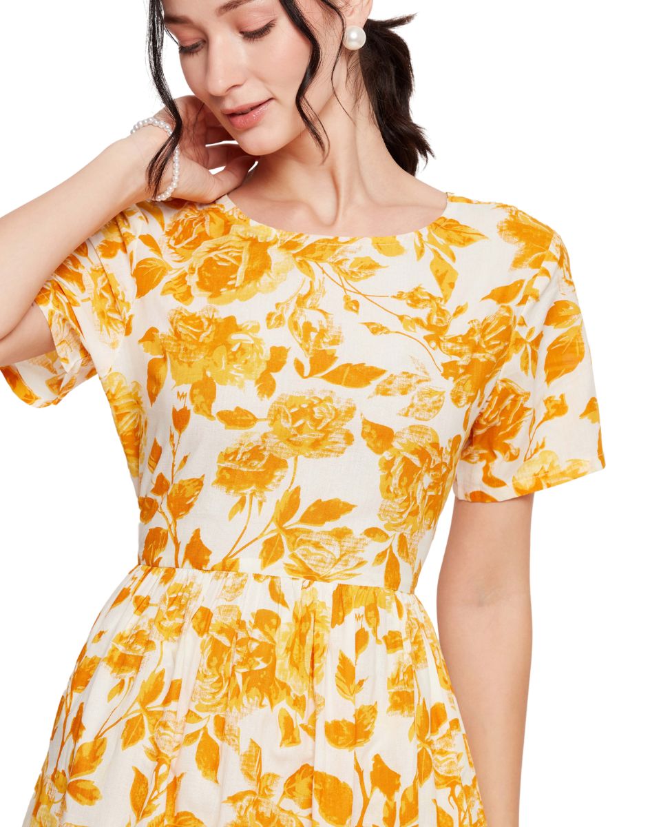 Yellow And White Floral Print Cotton Dress For Women