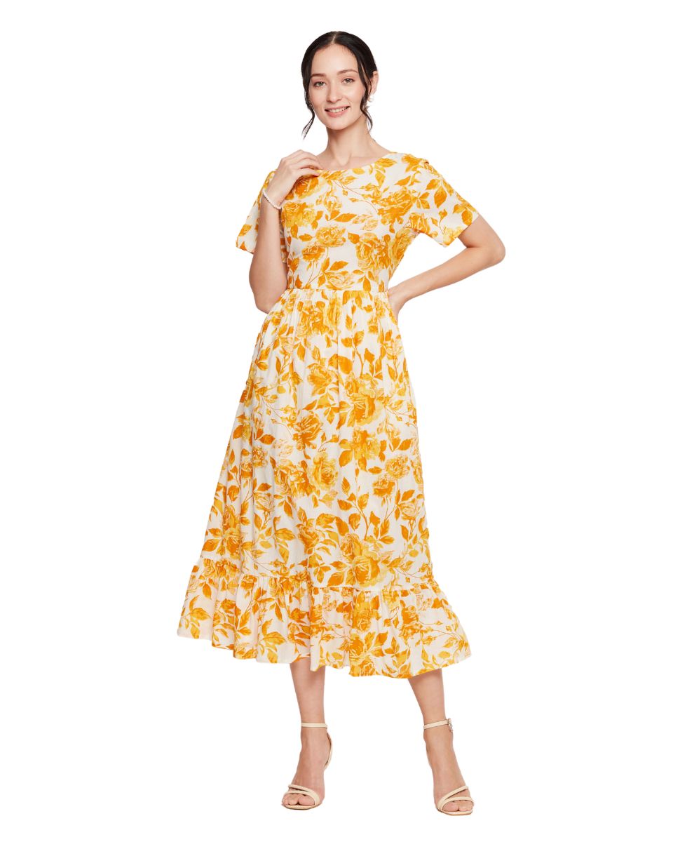 Yellow And White Floral Print Cotton Dress For Women