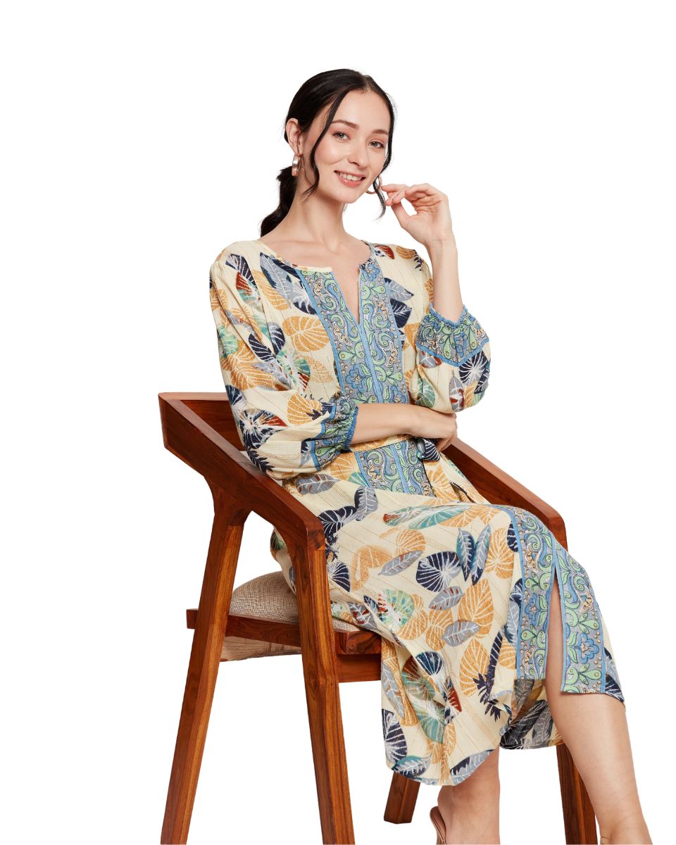 Cotton Leaf Printed Multicolor A Line Dress for Women