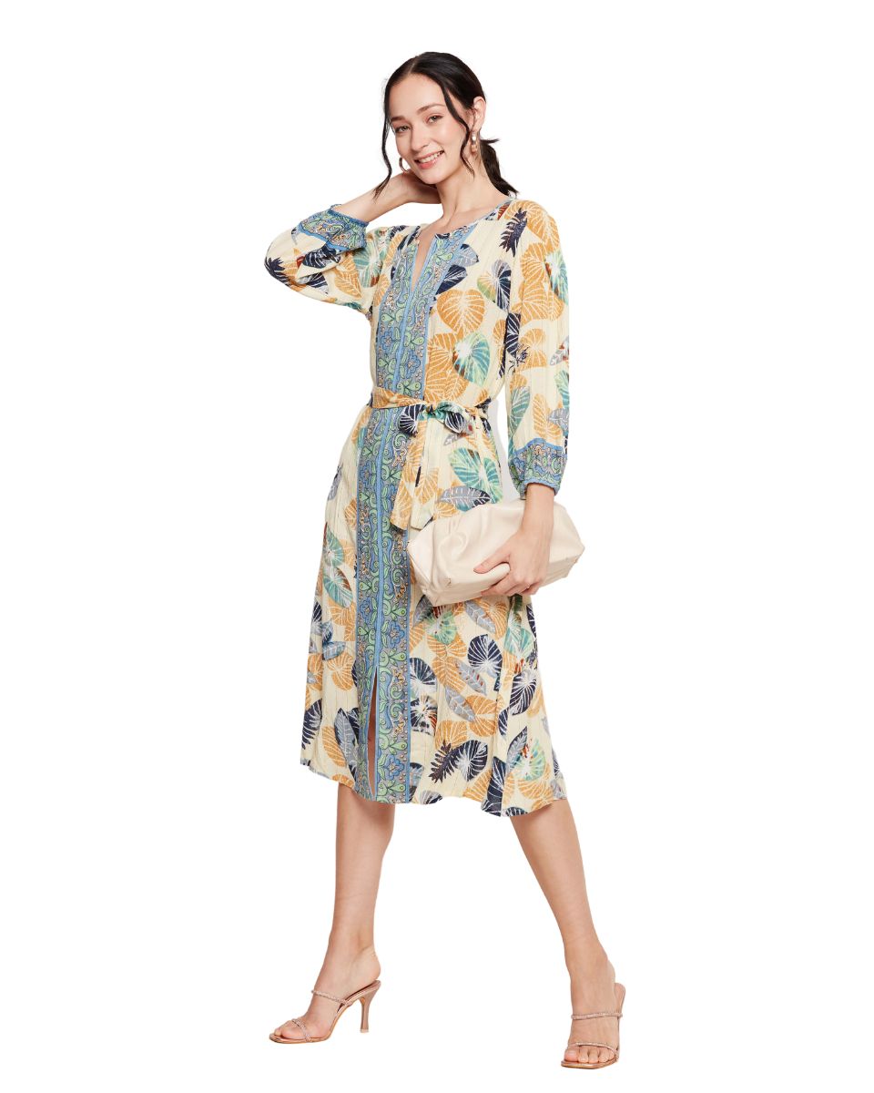 Cotton Leaf Printed Multicolor A Line Dress for Women
