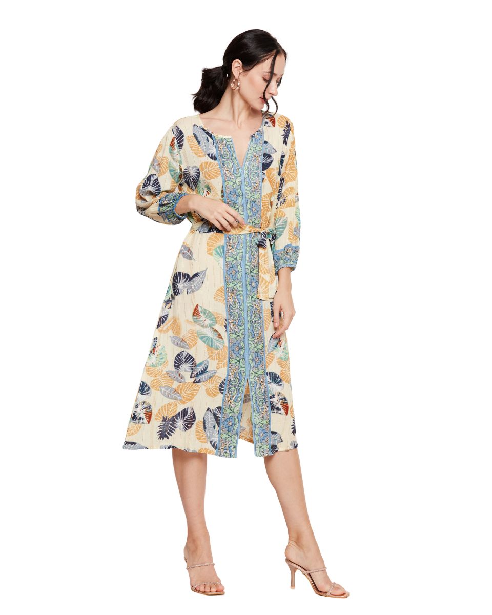 Cotton Leaf Printed Multicolor A Line Dress for Women