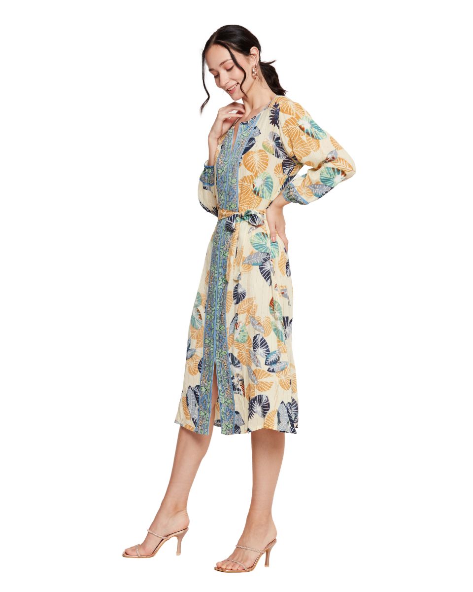Cotton Leaf Printed Multicolor A Line Dress for Women