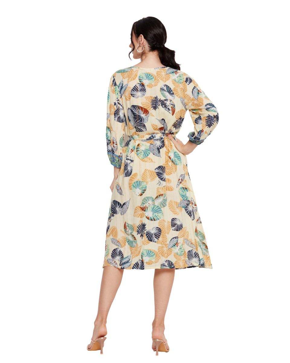 Cotton Leaf Printed Multicolor A Line Dress for Women