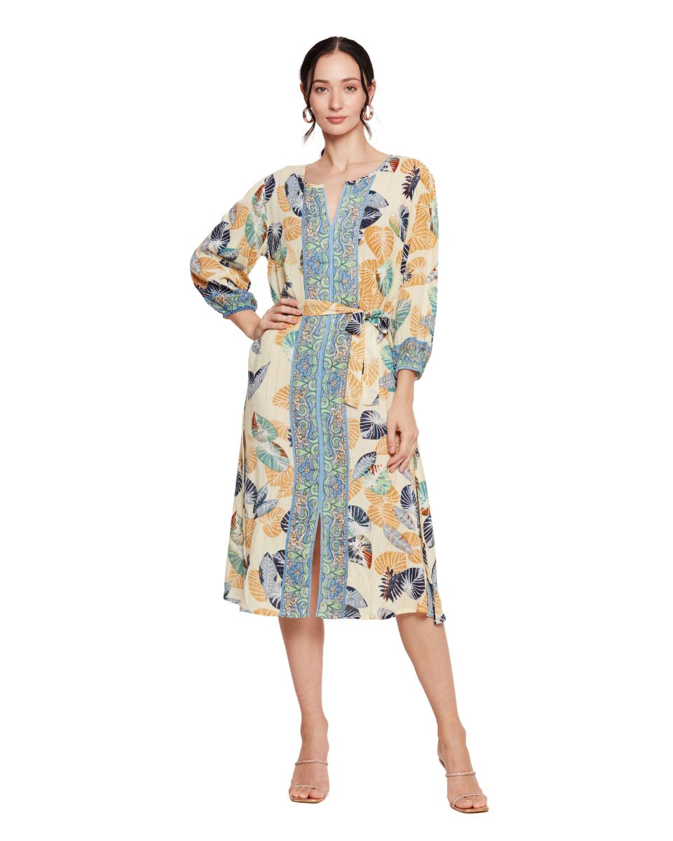 Cotton Leaf Printed Multicolor A Line Dress for Women M Cotton Leaf Printed Multicolor A Line Dress for Women M
