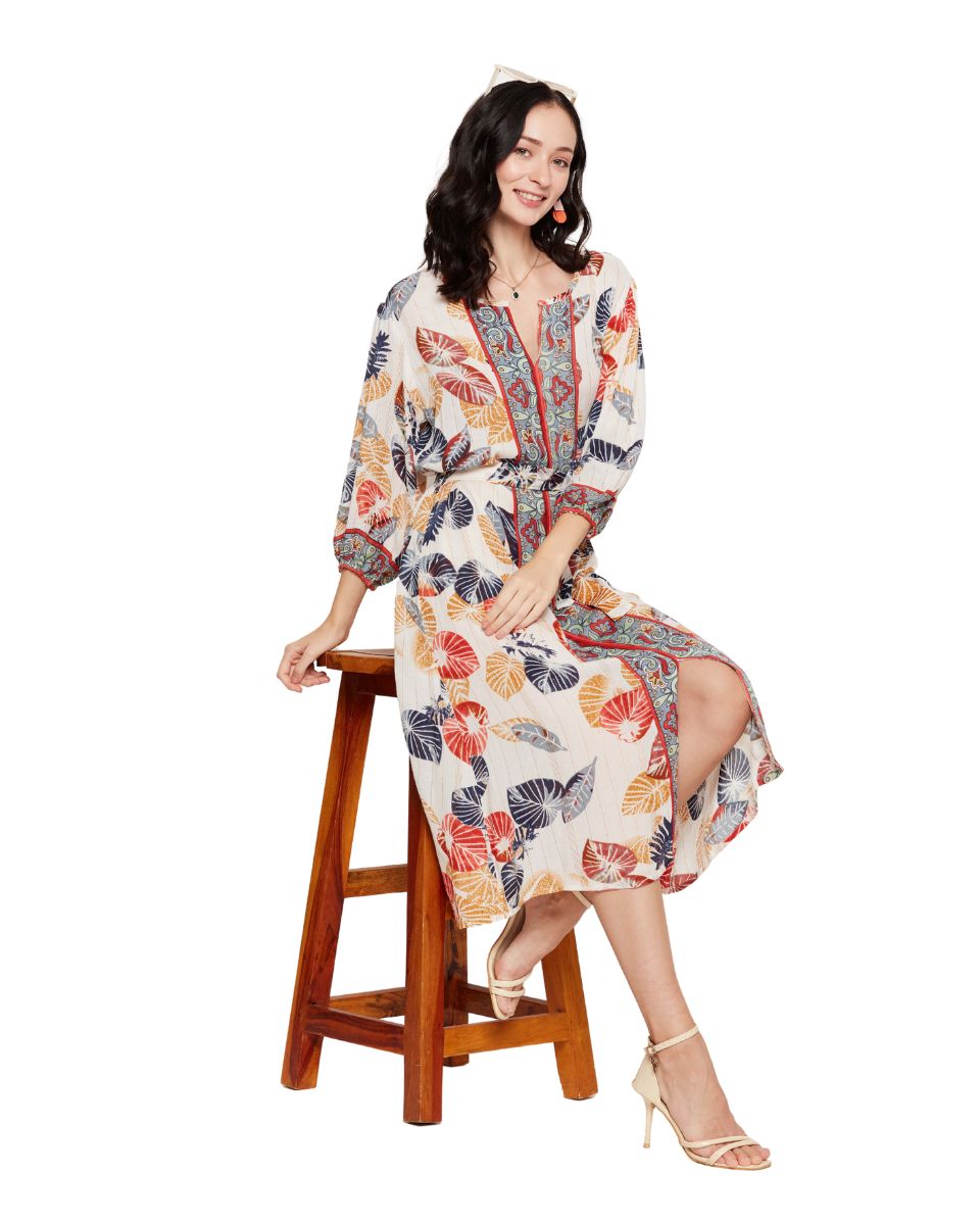 Leaf Printed Multicolor Cotton Midi Dress For Women