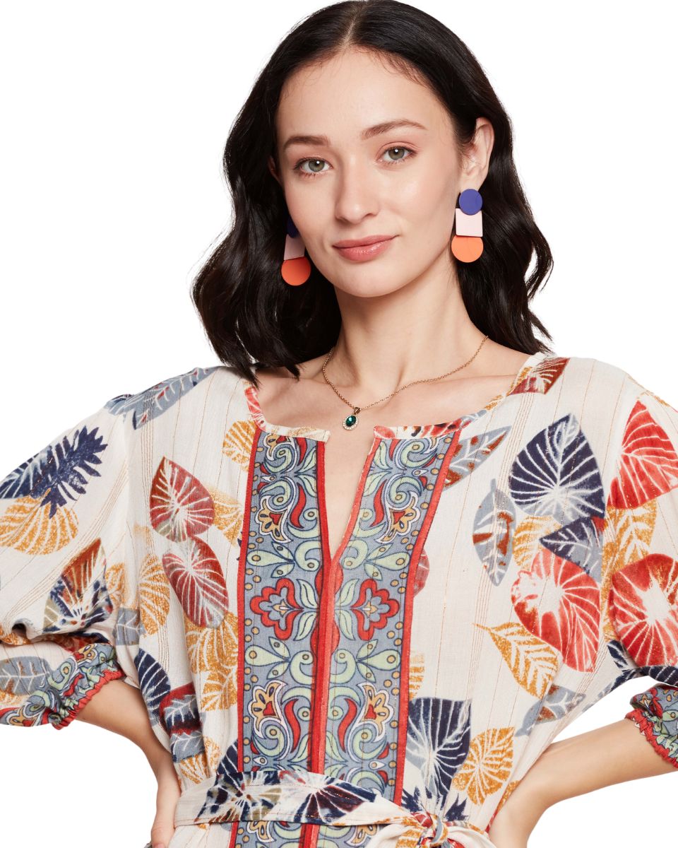 Leaf Printed Multicolor Cotton Midi Dress For Women