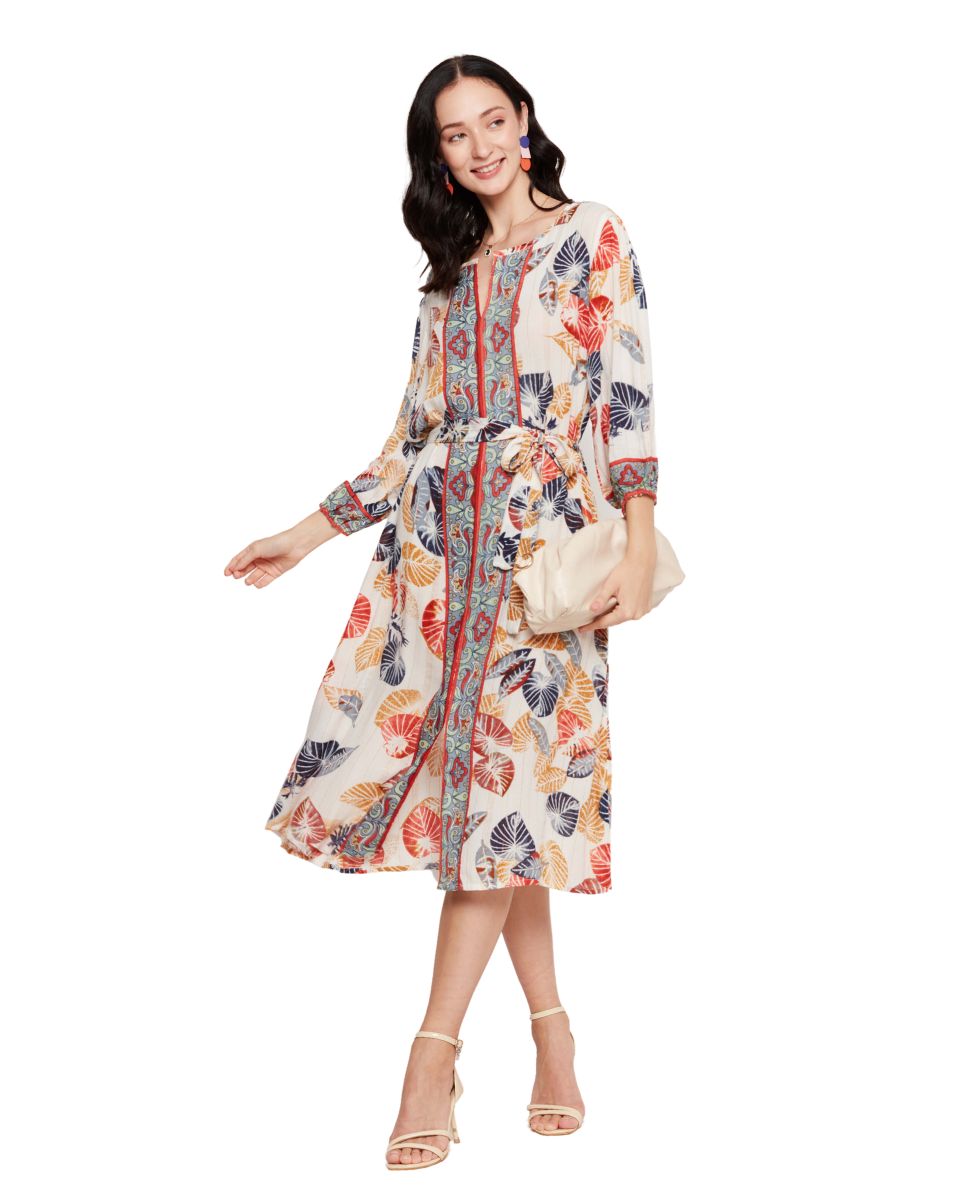 Leaf Printed Multicolor Cotton Midi Dress For Women