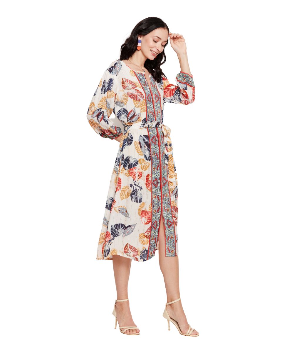 Leaf Printed Multicolor Cotton Midi Dress For Women