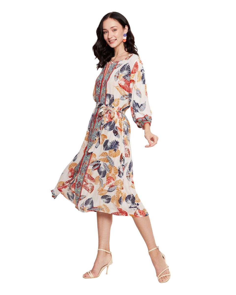 Leaf Printed Multicolor Cotton Midi Dress For Women