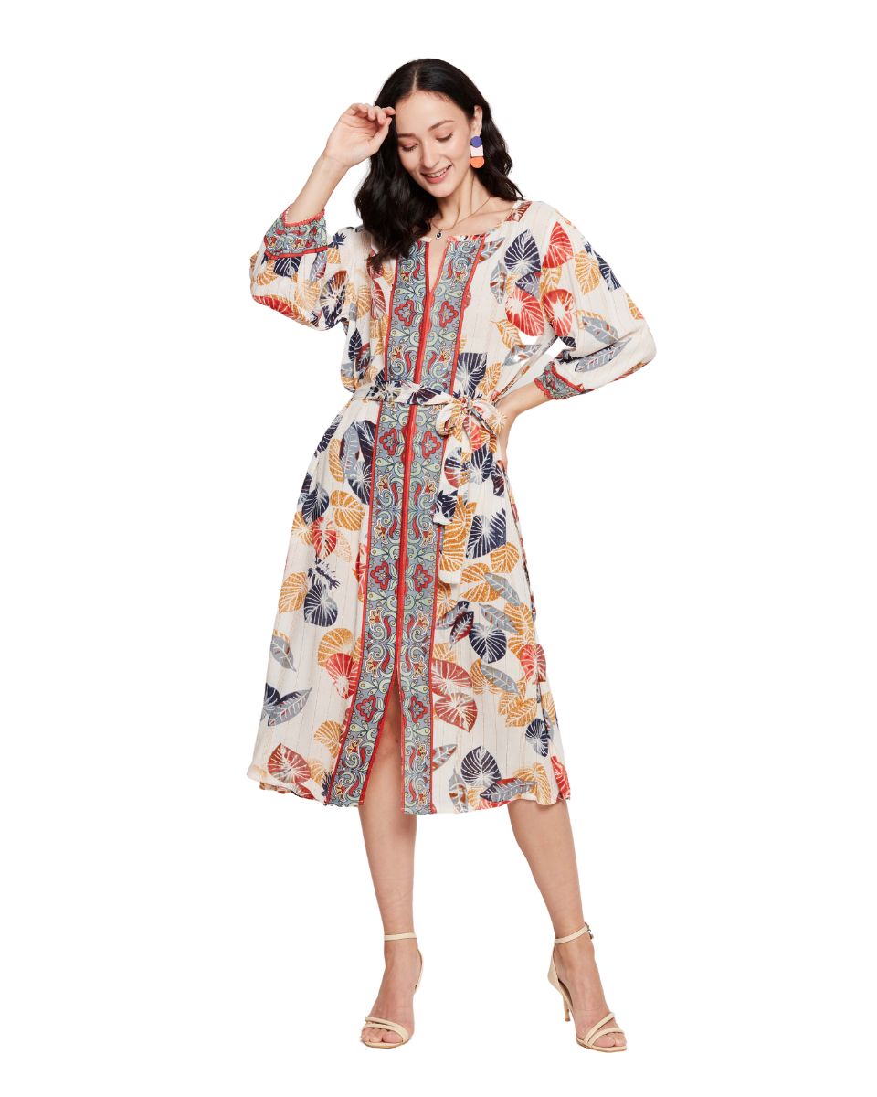 Leaf Printed Multicolor Cotton Midi Dress For Women
